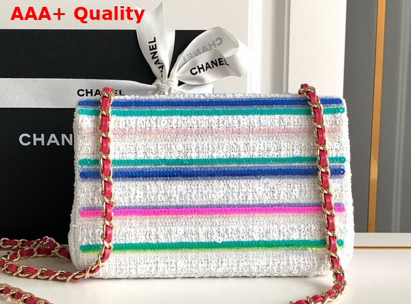 Chanel Mini Classic Handbag Embroidered Tweed Sequins Gold Tone Metal White Pink Green and Blue A69900 Replica