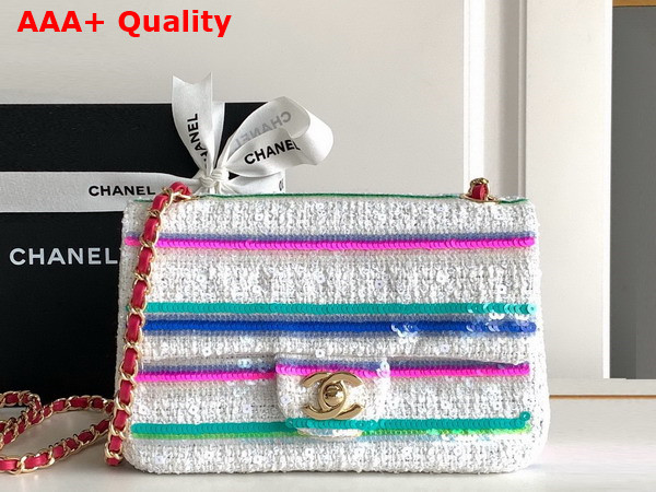 Chanel Mini Classic Handbag Embroidered Tweed Sequins Gold Tone Metal White Pink Green and Blue A69900 Replica