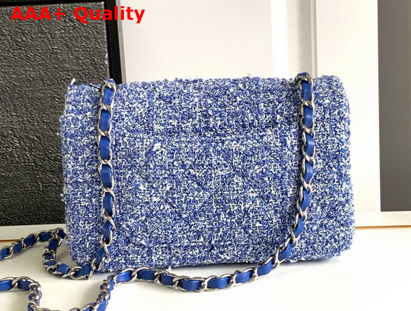 Chanel Mini Classic Handbag Tweed Silver Tone Metal Blue and White Ref A69900 Replica