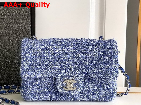 Chanel Mini Classic Handbag Tweed Silver Tone Metal Blue and White Ref A69900 Replica