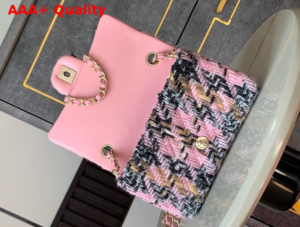 Chanel Mini Classic Handbag Wool Tweed Gold Tone Metal Light Pink Black Beige and Ecru Replica