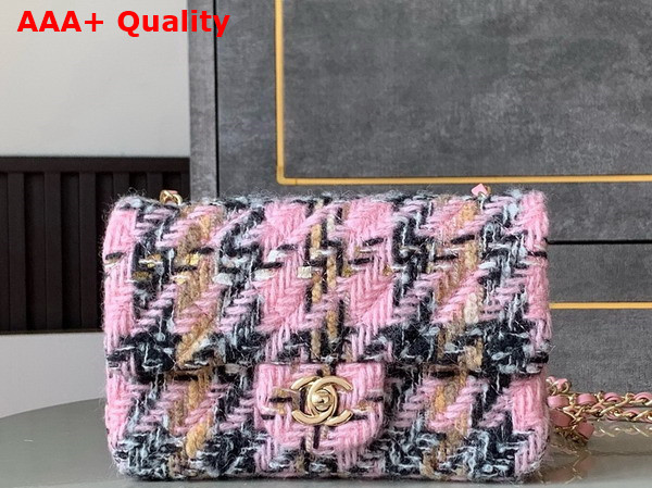 Chanel Mini Classic Handbag Wool Tweed Gold Tone Metal Light Pink Black Beige and Ecru Replica