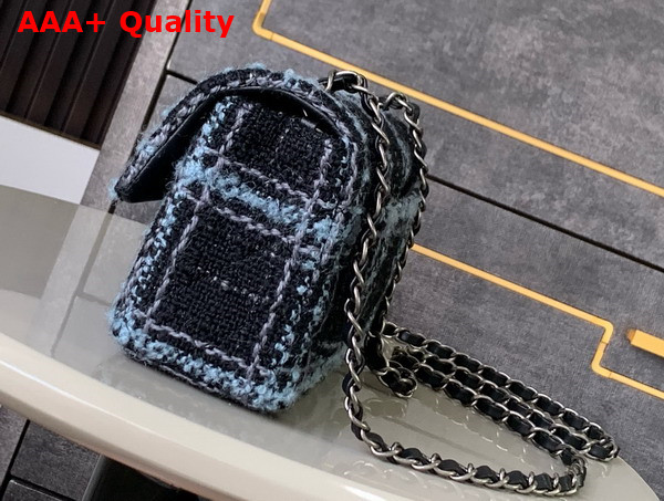 Chanel Mini Classic Handbag Wool Tweed Ruthenium Finish Metal Black Light Blue and Gray Replica