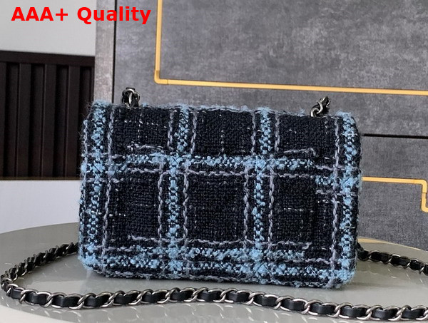 Chanel Mini Classic Handbag Wool Tweed Ruthenium Finish Metal Black Light Blue and Gray Replica