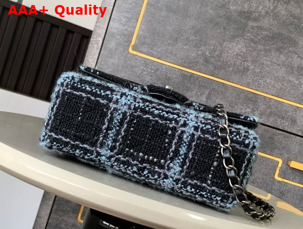 Chanel Mini Classic Handbag Wool Tweed Ruthenium Finish Metal Black Light Blue and Gray Replica