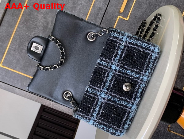 Chanel Mini Classic Handbag Wool Tweed Ruthenium Finish Metal Black Light Blue and Gray Replica