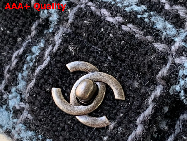 Chanel Mini Classic Handbag Wool Tweed Ruthenium Finish Metal Black Light Blue and Gray Replica