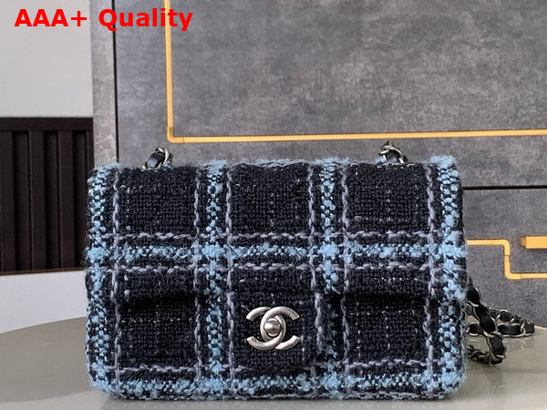 Chanel Mini Classic Handbag Wool Tweed Ruthenium Finish Metal Black Light Blue and Gray Replica