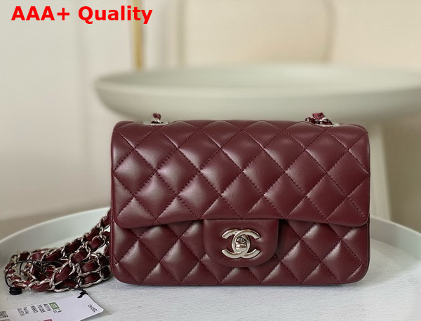 Chanel Mini Classic Handbag in Burgundy Lambskin Silver Tone Metal Ref A69900 Replica