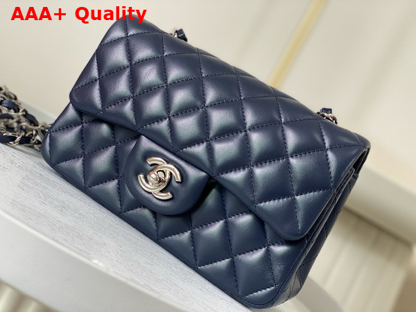 Chanel Mini Classic Handbag in Navy Blue Lambskin Silver Tone Metal Ref A69900 Replica