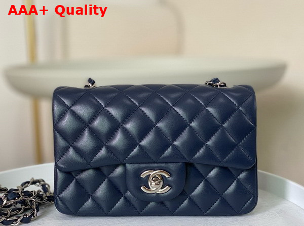 Chanel Mini Classic Handbag in Navy Blue Lambskin Silver Tone Metal Ref A69900 Replica