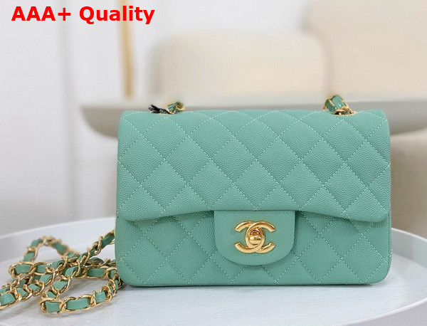 Chanel Mini Classic Handbag in Turquoise Grained Calfskin with Gold Tone Metal Ref A69900 Replica