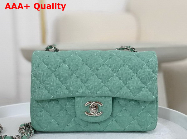 Chanel Mini Classic Handbag in Turquoise Grained Calfskin with Silver Tone Metal Ref A69900 Replica