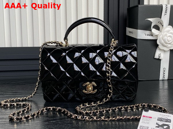 Chanel Mini Classic Handbag with Top Handle Black Patent Calfskin Gold Tone Metal AS2431 Replica