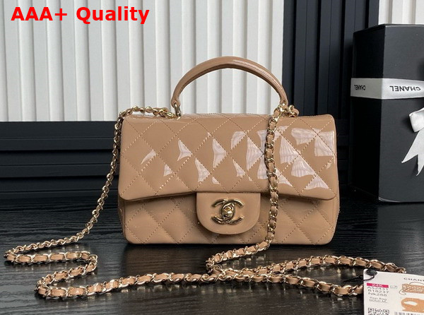 Chanel Mini Classic Handbag with Top Handle Dark Beige Patent Calfskin Gold Tone Metal AS2431 Replica