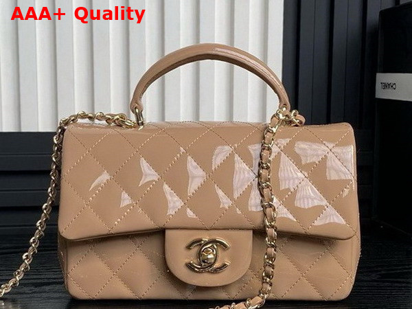 Chanel Mini Classic Handbag with Top Handle Dark Beige Patent Calfskin Gold Tone Metal AS2431 Replica