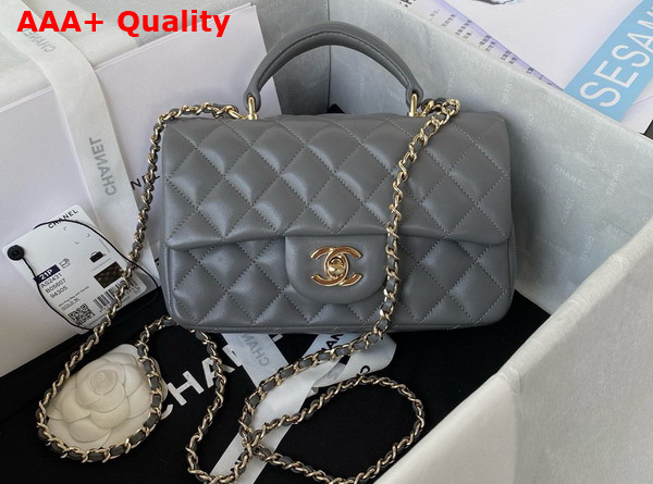 Chanel Mini Classic Handbag with Top Handle Gray Lambskin Gold Tone Metal AS2431 Replica