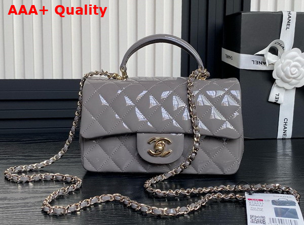 Chanel Mini Classic Handbag with Top Handle Gray Patent Calfskin Gold Tone Metal AS2431 Replica