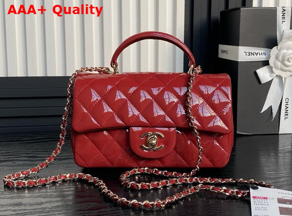 Chanel Mini Classic Handbag with Top Handle Red Patent Calfskin Gold Tone Metal AS2431 Replica