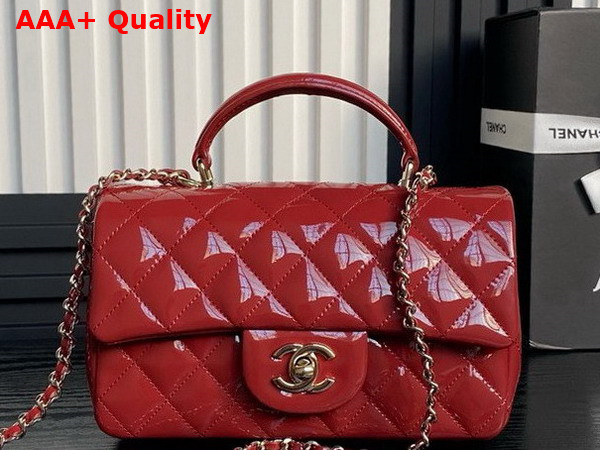 Chanel Mini Classic Handbag with Top Handle Red Patent Calfskin Gold Tone Metal AS2431 Replica