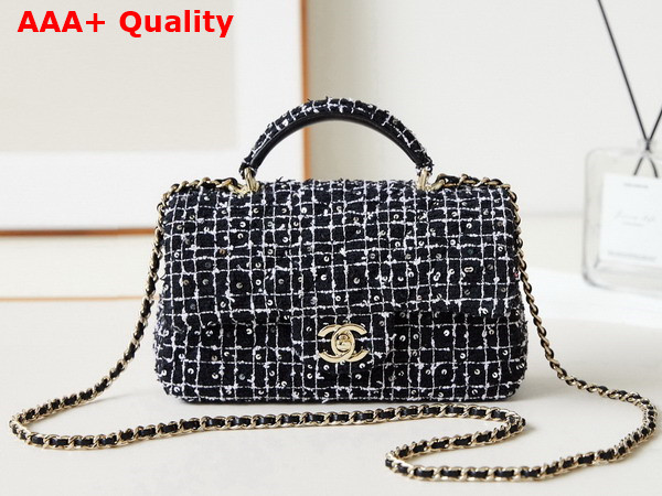 Chanel Mini Classic Handbag with Top Handle Sequin Embroidered Tweed Gold Tone Metal Black White and Silver Ref AS2431 Replica