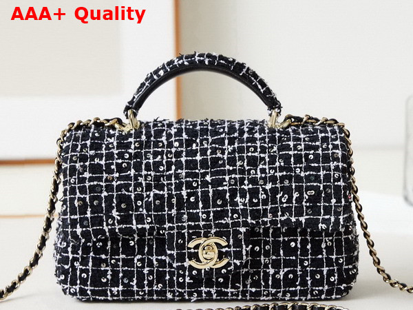 Chanel Mini Classic Handbag with Top Handle Sequin Embroidered Tweed Gold Tone Metal Black White and Silver Ref AS2431 Replica