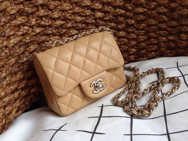 Chanel Mini Flap Bag Apricot Lambskin Silver Chain for Sale