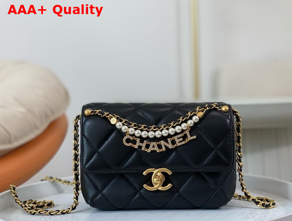 Chanel Mini Flap Bag Black Lambskin Imitation Pearls Gold Tone Metal AS4986 Replica