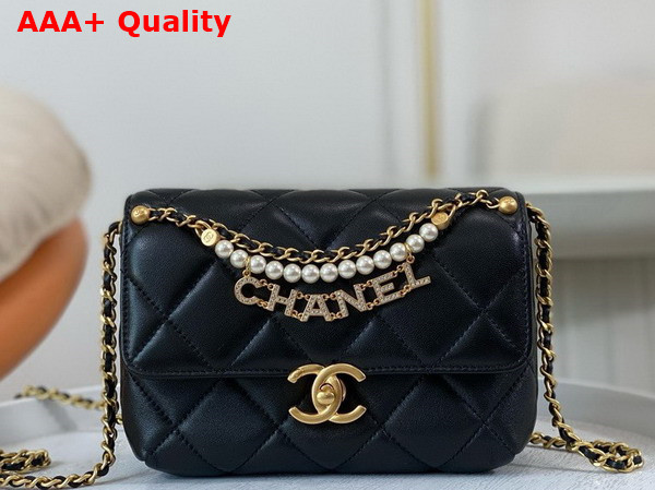 Chanel Mini Flap Bag Black Lambskin Imitation Pearls Gold Tone Metal AS4986 Replica