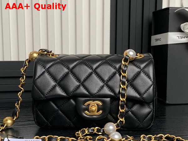 Chanel Mini Flap Bag Black Shiny Lambskin Imitation Pearls Gold Tone Metal AS4947 Replica