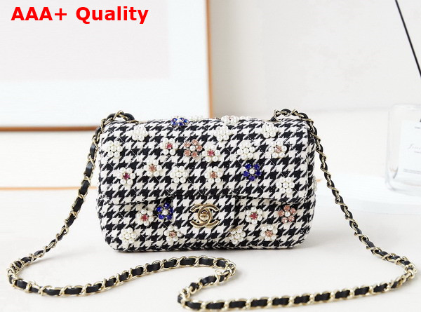 Chanel Mini Flap Bag Black and White Houndstooth Wool with Glass Beads and Crystals Replica