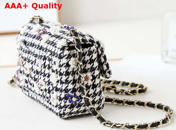 Chanel Mini Flap Bag Black and White Houndstooth Wool with Glass Beads and Crystals Replica