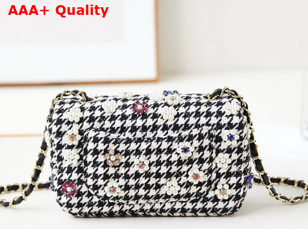 Chanel Mini Flap Bag Black and White Houndstooth Wool with Glass Beads and Crystals Replica