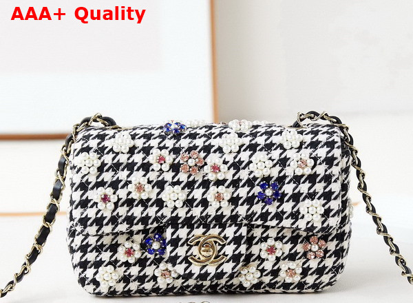 Chanel Mini Flap Bag Black and White Houndstooth Wool with Glass Beads and Crystals Replica