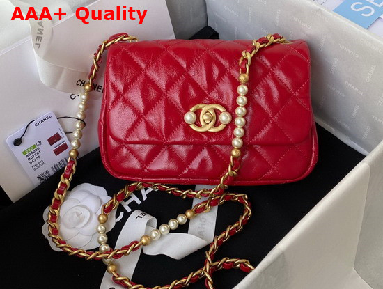 Chanel Mini Flap Bag Calfskin Imitation Pearls Gold Tone Metal Red Ref AS3000 Replica