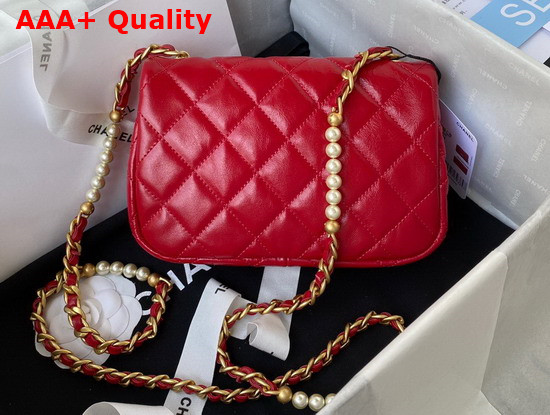 Chanel Mini Flap Bag Calfskin Imitation Pearls Gold Tone Metal Red Ref AS3000 Replica