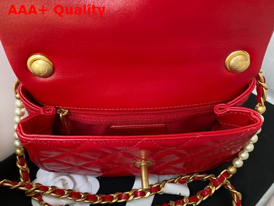 Chanel Mini Flap Bag Calfskin Imitation Pearls Gold Tone Metal Red Ref AS3000 Replica