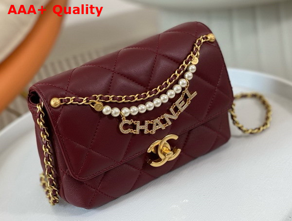 Chanel Mini Flap Bag Dark Red Lambskin Imitation Pearls Gold Tone Metal AS4986 Replica