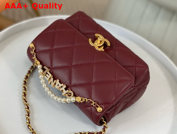 Chanel Mini Flap Bag Dark Red Lambskin Imitation Pearls Gold Tone Metal AS4986 Replica