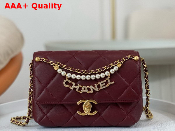 Chanel Mini Flap Bag Dark Red Lambskin Imitation Pearls Gold Tone Metal AS4986 Replica