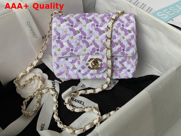 Chanel Mini Flap Bag Embroidered Satin Eequins Glass Beads Strass Star Sequins Gold Tone Metal Purple and White AS3736 Replica