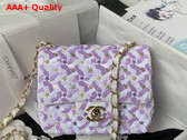 Chanel Mini Flap Bag Embroidered Satin Eequins Glass Beads Strass Star Sequins Gold Tone Metal Purple and White AS3736 Replica