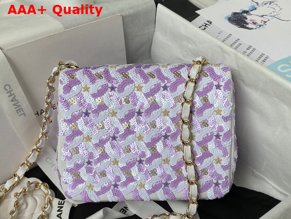 Chanel Mini Flap Bag Embroidered Satin Eequins Glass Beads Strass Star Sequins Gold Tone Metal Purple and White AS3736 Replica