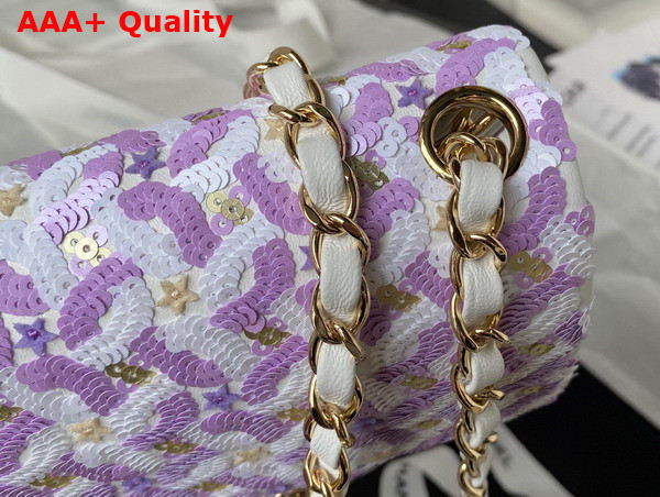 Chanel Mini Flap Bag Embroidered Satin Eequins Glass Beads Strass Star Sequins Gold Tone Metal Purple and White AS3736 Replica