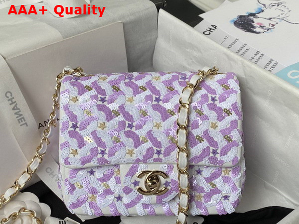 Chanel Mini Flap Bag Embroidered Satin Eequins Glass Beads Strass Star Sequins Gold Tone Metal Purple and White AS3736 Replica