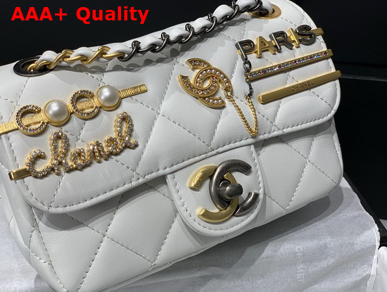 Chanel Mini Flap Bag Lambskin Glass Pearls Imitation Pearls Strass Gold Silver Ruthenium Finish Metal White Ref AS2978 Replica