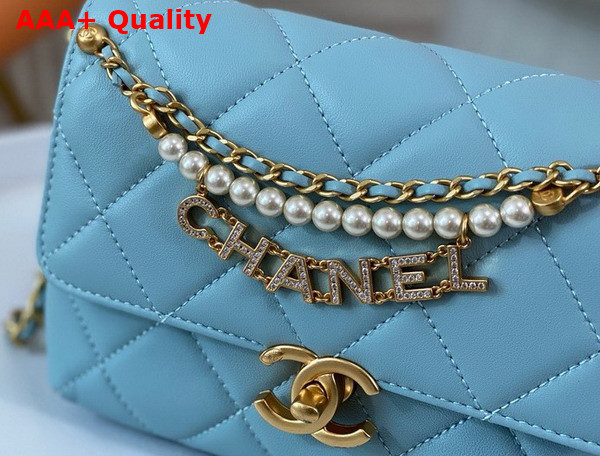 Chanel Mini Flap Bag Light Blue Lambskin Imitation Pearls Gold Tone Metal AS4986 Replica