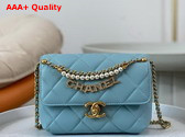 Chanel Mini Flap Bag Light Blue Lambskin Imitation Pearls Gold Tone Metal AS4986 Replica