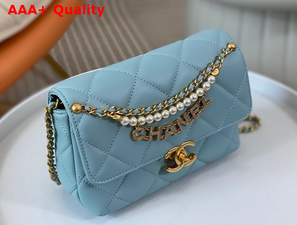 Chanel Mini Flap Bag Light Blue Lambskin Imitation Pearls Gold Tone Metal AS4986 Replica