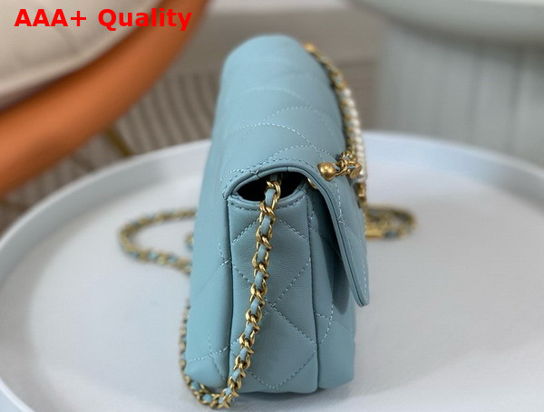 Chanel Mini Flap Bag Light Blue Lambskin Imitation Pearls Gold Tone Metal AS4986 Replica